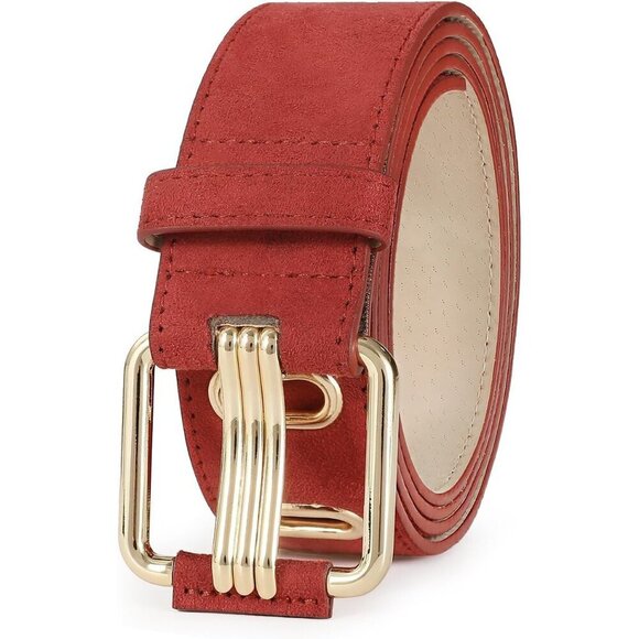 Women Leather Wide Fashion Thick Dress Belt With Gold Buckle Belt Suede Red main image 7